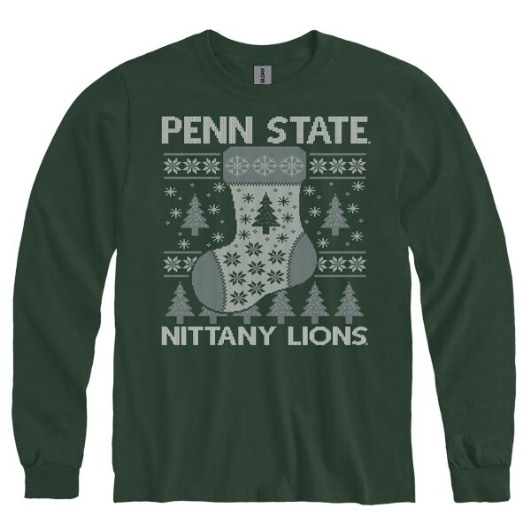 forest green long sleeve holiday t-shirt with Penn State Nittany Lions, stocking, trees, and snowflakes